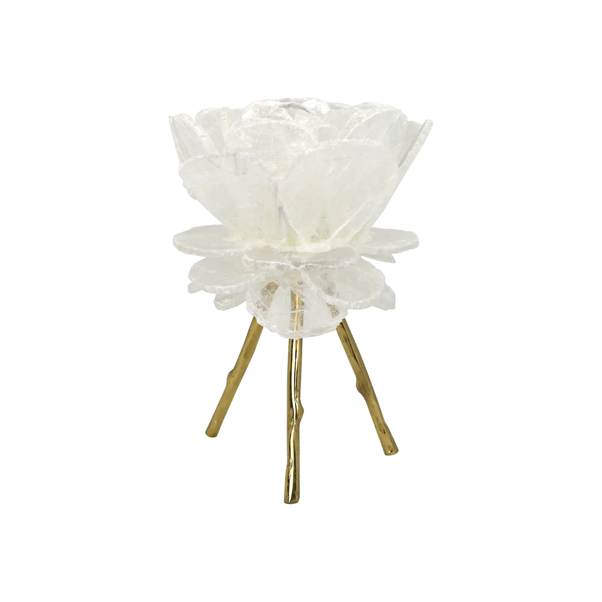 The Selenite-Flower Candleholder features hand-crafted crystal petals of layered white selenite, arranged like a flower on gold-colored branch legs, offering an elegant, modern look and casting an ethereal glow against a white background.