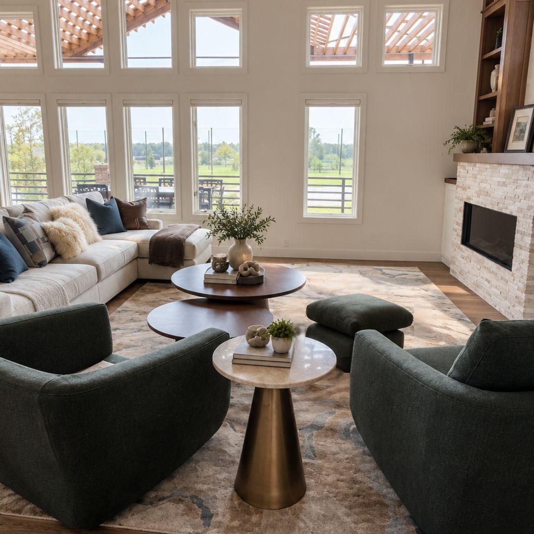 Cohesive living room design with a sectional sofa, green accent chairs, layered tables, and a large area rug
