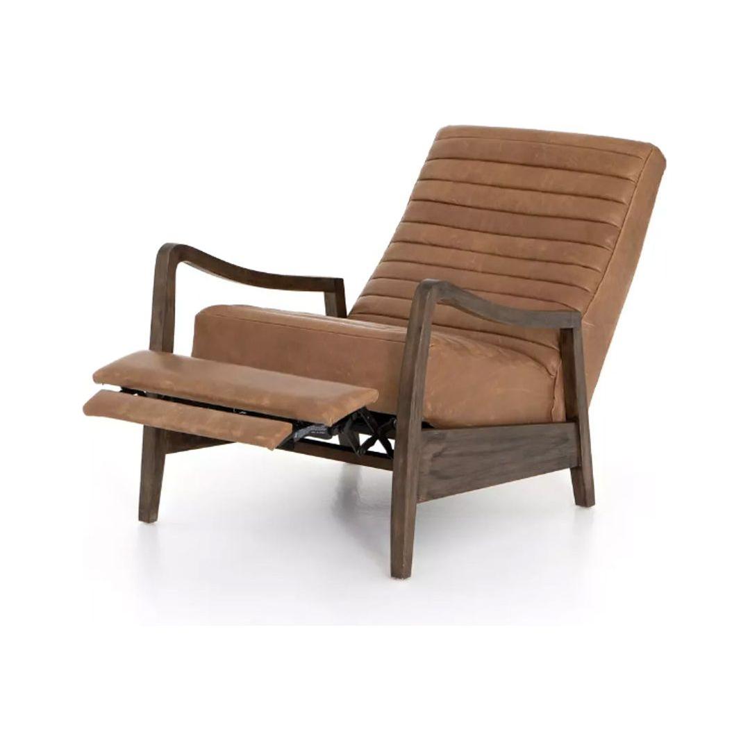 The Terra Leather Recliner in taupe features a modern push-back design with ribbed leather cushions and a dark, angular wooden frame. Its sleek lounger style and raised footrest stand out against a plain white background.