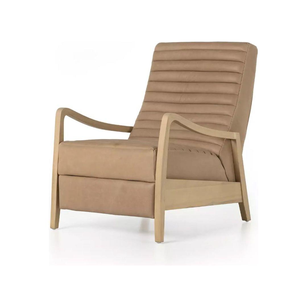 The Terra Leather Recliner in Nude features a light wood frame, curved armrests, padded seat, and stitched backrest for midcentury-inspired comfort—shown here against a plain white background.