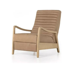 The Terra Leather Recliner in Nude features a light wood frame, curved armrests, padded seat, and stitched backrest for midcentury-inspired comfort—shown here against a plain white background.