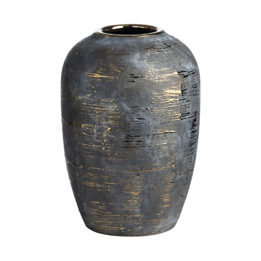 The Triad Vase is a tall, round ceramic piece with a narrow opening, finished in dark gray and black with textured surfaces and irregular gold accents for a rustic, artistic look.