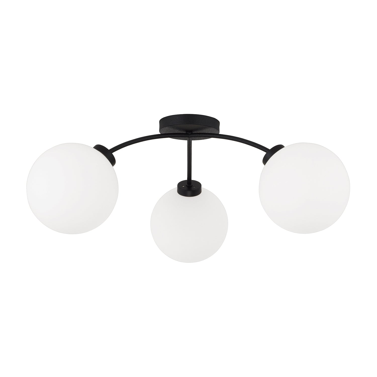 A modern three-light ceiling fixture with a matte black metal frame and three spherical white frosted glass shades, shown against a plain white background.