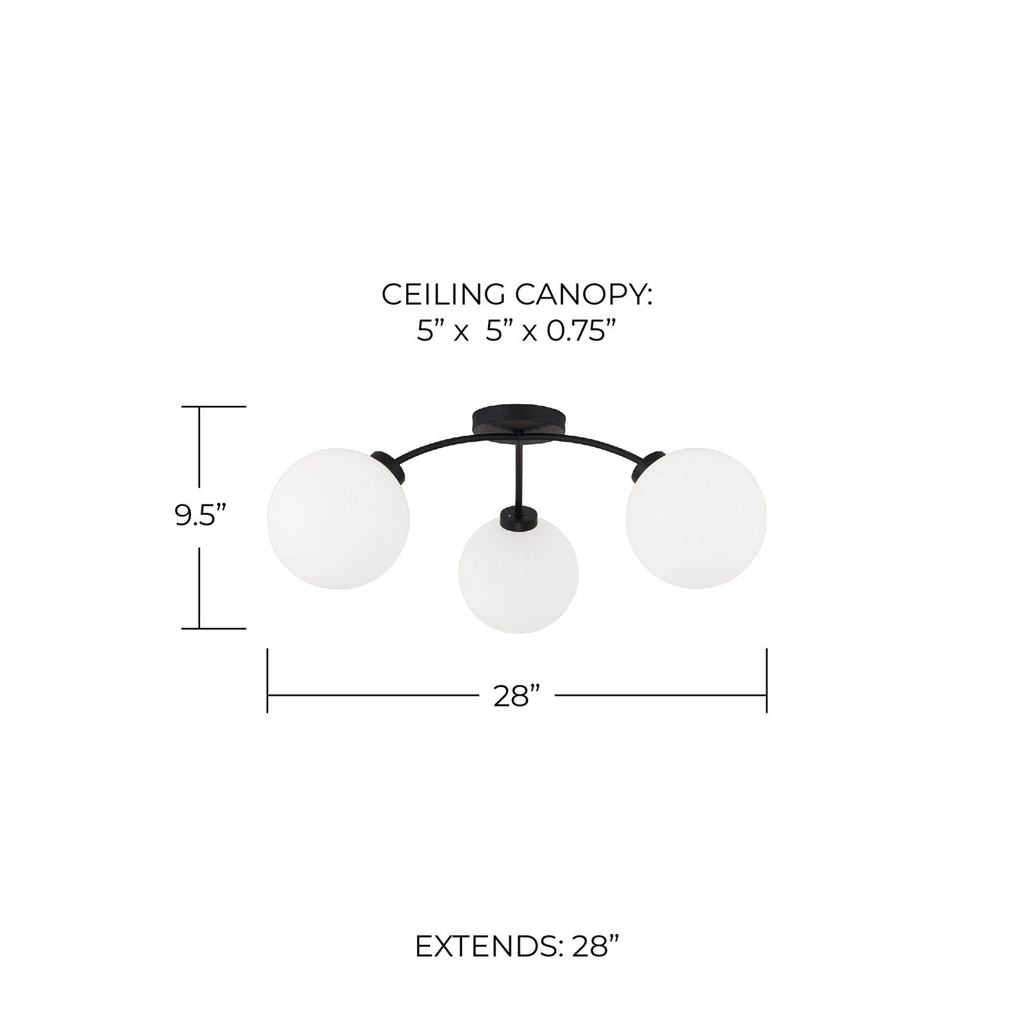 Three-light ceiling fixture with black metal arms and three white globe shades, shown with dimension labels for ceiling canopy size, overall height, and extendable length on a white background.