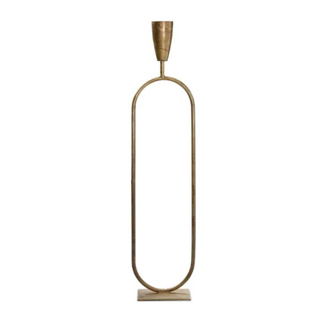 Echoing the modern elegance of the Trumpet Candle Holder (Medium), this minimalistic brass lamp base features a vertical elongated oval loop on a small rectangle, with an exposed bulb socket and sleek lines reminiscent of artisan design.