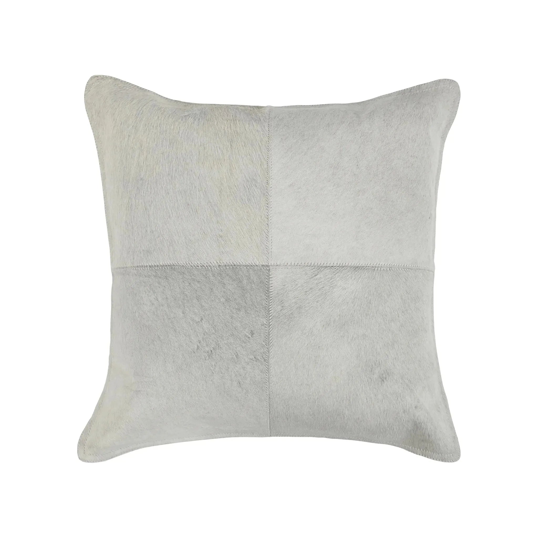 The Canada Hide Throw Pillow is a square, light gray decorative accent that boasts a soft texture subtly divided into four equal sections by faint horizontal and vertical stitching lines. Featuring slightly rounded corners, this pillow exhibits a smooth, velvety appearance and includes a luxury feather and down insert for added comfort.