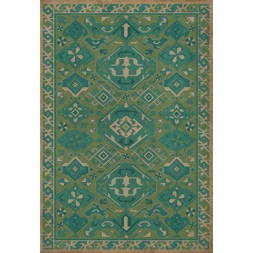 Introducing the Geoffrey Mint Vinyl Rug: a stunning rectangular piece that showcases a detailed geometric pattern in shades of green and teal. This design beautifully incorporates timeless symmetrical shapes, such as diamonds and ornate motifs, all accentuated by beige highlights. The border features smaller repeating geometric shapes for an elegant finish.