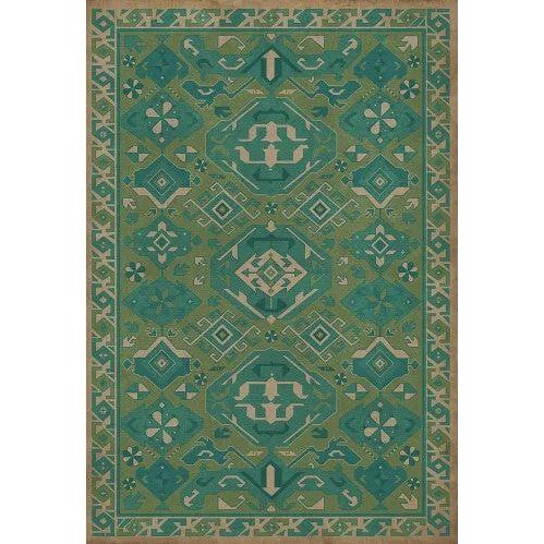 Introducing the Geoffrey Mint Vinyl Rug: a stunning rectangular piece that showcases a detailed geometric pattern in shades of green and teal. This design beautifully incorporates timeless symmetrical shapes, such as diamonds and ornate motifs, all accentuated by beige highlights. The border features smaller repeating geometric shapes for an elegant finish.