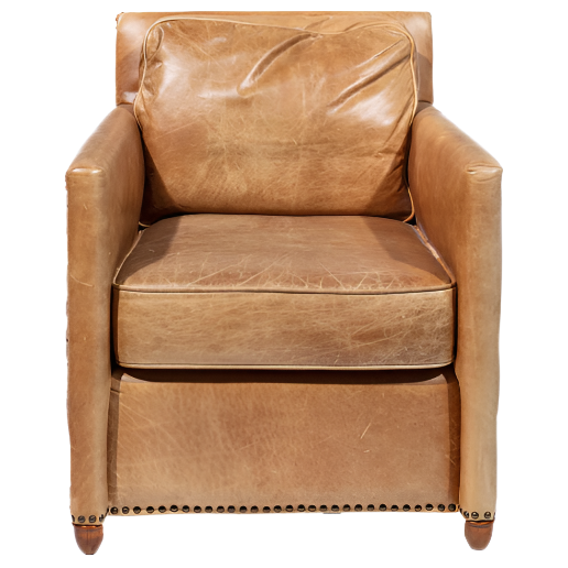 The Winston Leather Club Chair, crafted in a tan brown hue, is made from full-grain leather and features a cushioned back and seat. Its boxy design is enhanced with antique bronze nail head trim, while subtle creases add to its vintage charm.