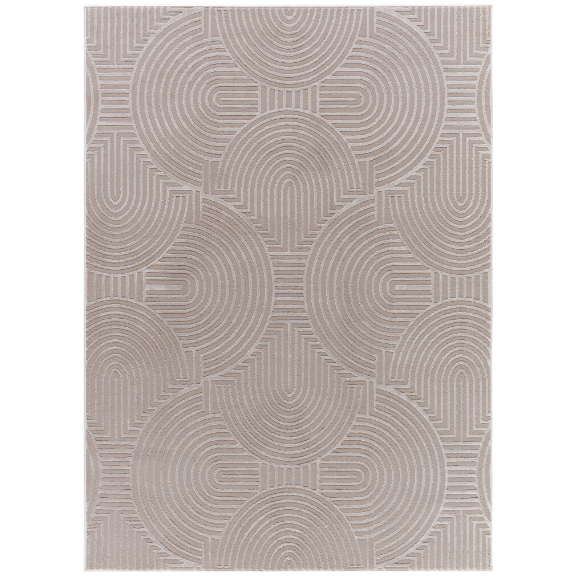 The Zen Circles Machine Washable Rug features a rectangular design with a geometric pattern of interlocking arcs and rounded shapes in shades of beige and light taupe. Its textured, three-dimensional appearance not only enhances durability but also lends a modern and elegant touch to the rug's overall look.