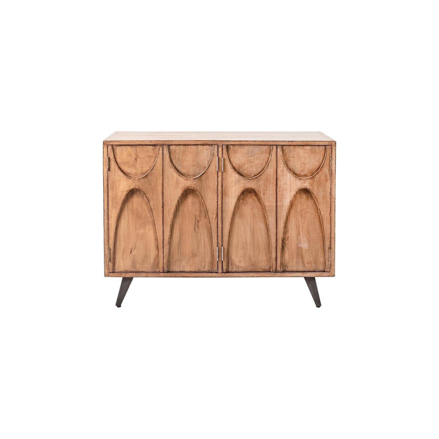 The Madison Cabinet is a light brown wooden sideboard made from reclaimed pine, featuring four doors with an arched pattern. It stands on four angled, dark metal legs, embodying a mid-century modern style. Its minimalist design and antique natural finish beautifully showcase the wood grain texture.