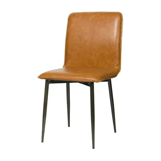 The Lucy Leather Dining Chair features a modern design with a brown upholstered seat and backrest, sleek black metal legs angled outward, resembling a black iron frame. Its minimalist aesthetic complements various interior styles while providing comfortable seating.
