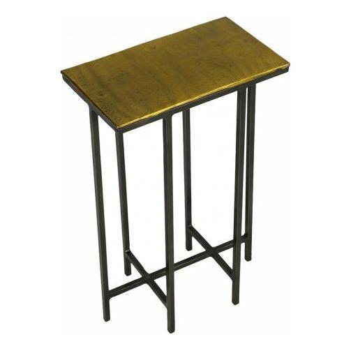 Liora Martini Table: A rectangular table with a metallic gold top and black metal frame, showcasing sleek lines and an industrial look. The design includes four vertical legs connected by horizontal supports near the base to form a geometric pattern, adding a modern touch.