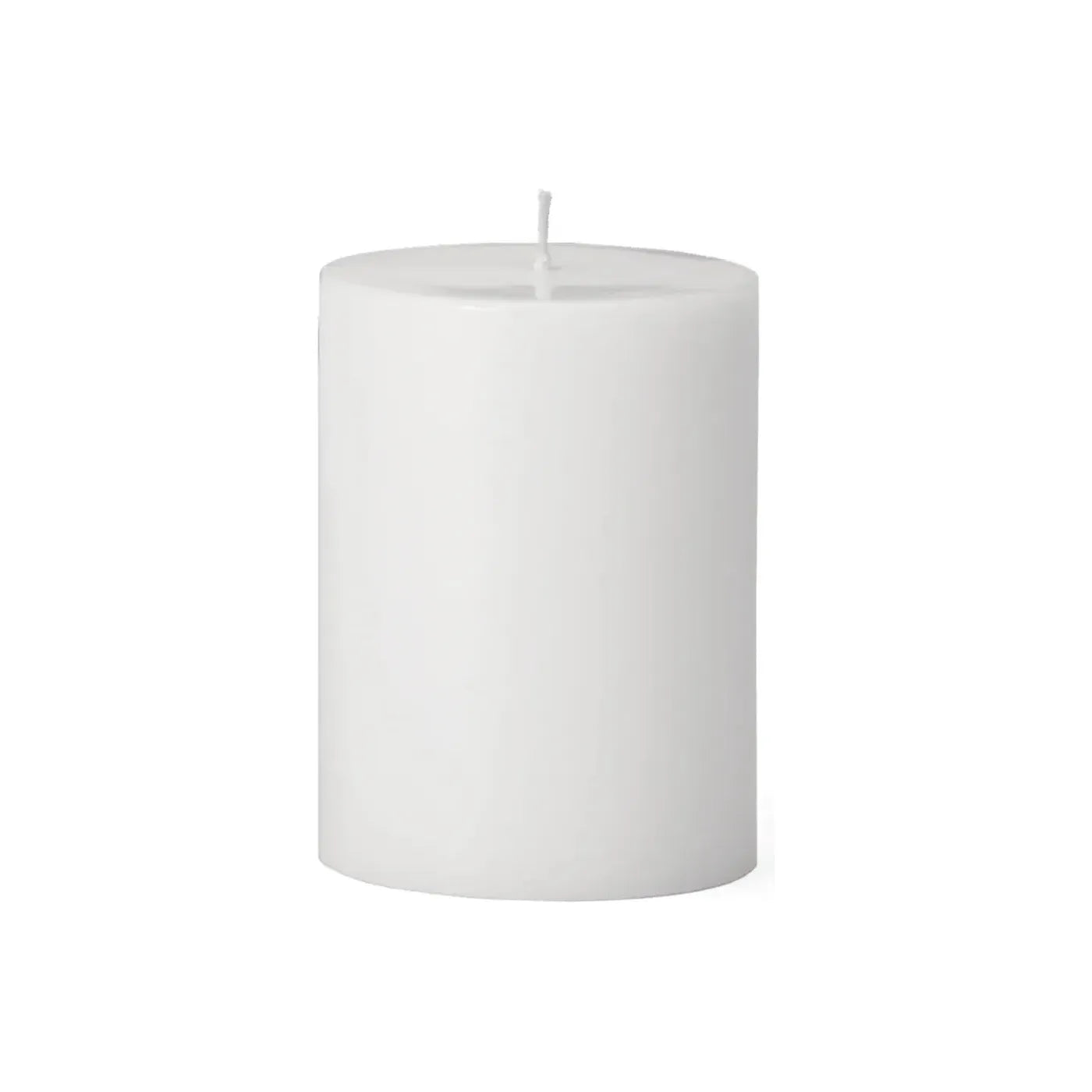 A Pillar Candle stands upright against a white background, featuring a plain white cylindrical shape with smooth sides, a flat top, and a centered unlit cotton wick. The candle is undecorated and has no designs.