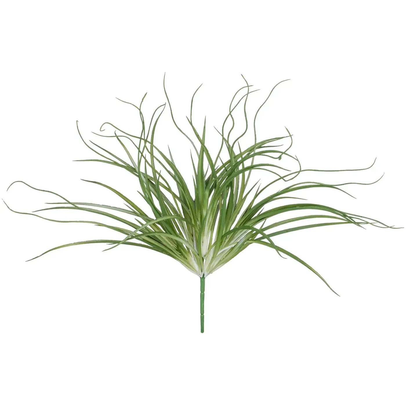 A green plastic Tillandsia (20") plant features long, narrow, slightly wavy leaves fanning outwards. The dense arrangement around the central stem creates a bushy, vibrant display resembling grass or artificial foliage.