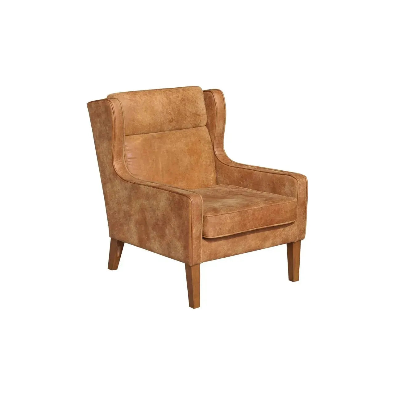 The Italian Leather Accent Chair, shown at a three-quarter angle on a plain white background, features mid-century modern style with tan-brown leather upholstery, a high backrest, winged sides, wide seat cushion, and straight wooden legs.