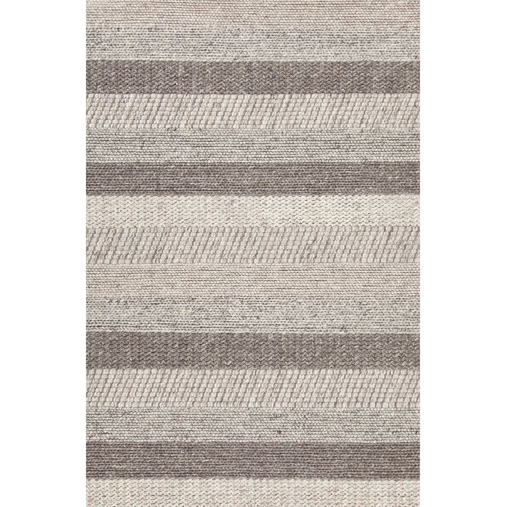 The Forstel Wool Rug is a rectangular area rug featuring alternating horizontal stripes in beige, light gray, and taupe. Each stripe showcases a unique woven texture, creating subtle patterns and enhancing the neutral color scheme.
