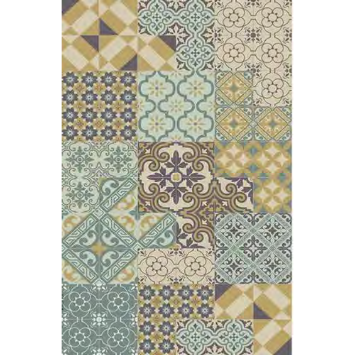The Anastasia Vinyl Rug features a patchwork of rectangular tiles with unique geometric and floral patterns in muted blue, beige, cream, and brown for a vintage, mosaic look inspired by traditional ceramic tiles.
