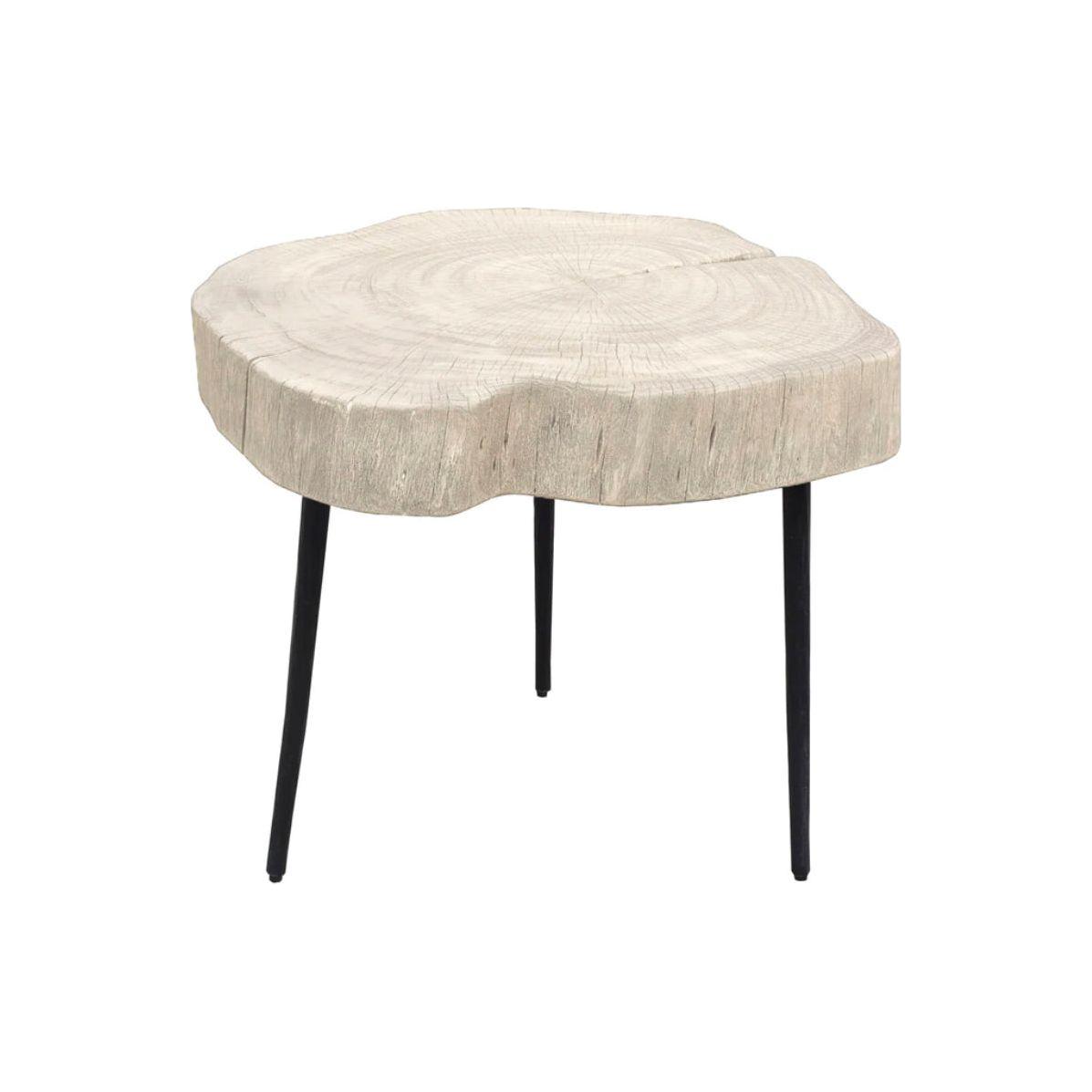 Introducing the Organic Trunk Side Table: This compact, round piece is expertly crafted from acacia wood, featuring a natural top that mirrors a tree cross-section. It stands elegantly on three slender black metal legs, while its textured surface with circular growth rings enhances an organic, rustic look. The design highlights minimalist simplicity and a connection to nature.