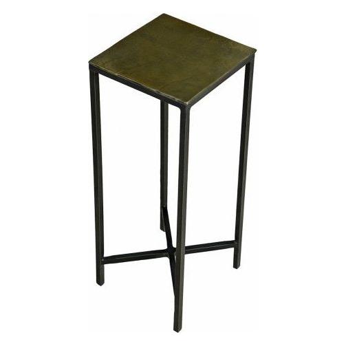 The Liora Martini Table is a tall, rectangular metal plant stand with a square top and four slender legs. The legs join at the base with X-shaped crossbars for stability. Its dark, slightly matte finish gives it an industrial look similar to vintage cocktail tables.
