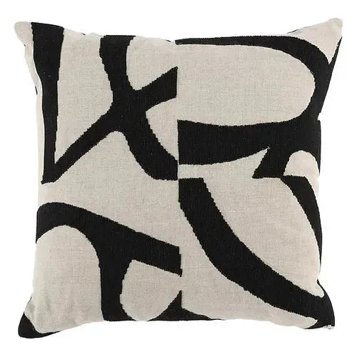 The Black/Natural Throw Pillow is an 18x18 square cushion with a luxurious feather fill and an elegant abstract design. It showcases bold, overlapping black curves against a white backdrop, offering a visually striking and modern touch. The pillow's smooth texture enhances its monochromatic contrast, making it a standout piece.