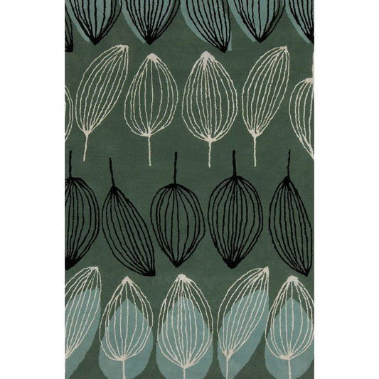 The Jessica Swift Wool/Viscose Rug is a rectangular piece featuring a leafy pattern. It has a dark green backdrop with large leaves arranged in vertical rows. The leaves are outlined in white, black, and various shades of green, creating a uniform yet subtly alternating color effect.