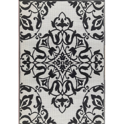 The Outdoor Rug Black & White Iron showcases a classic and elegant design with symmetrical floral and vine patterns, featuring a central medallion encircled by swirling motifs and bordered by stylized leaves. Crafted from recycled materials, this rug not only enhances your space with its intricate details but also supports sustainability.