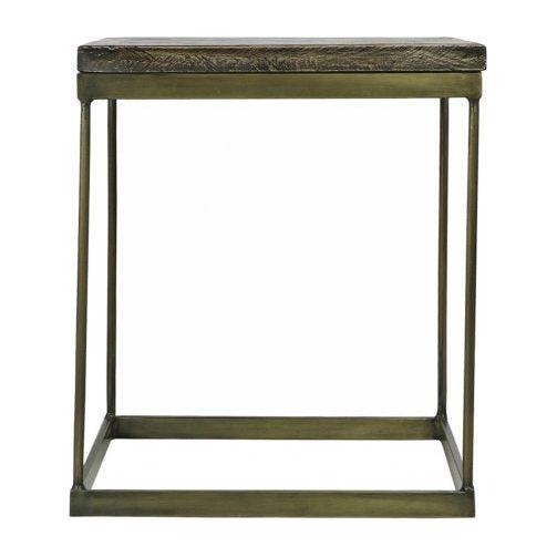 The Parquette Side Table features a small square design with a bronze metal frame and an etched dark wood top. Its minimalist, open look blends rustic and refined styles, with straight legs joined by a matching square base support.