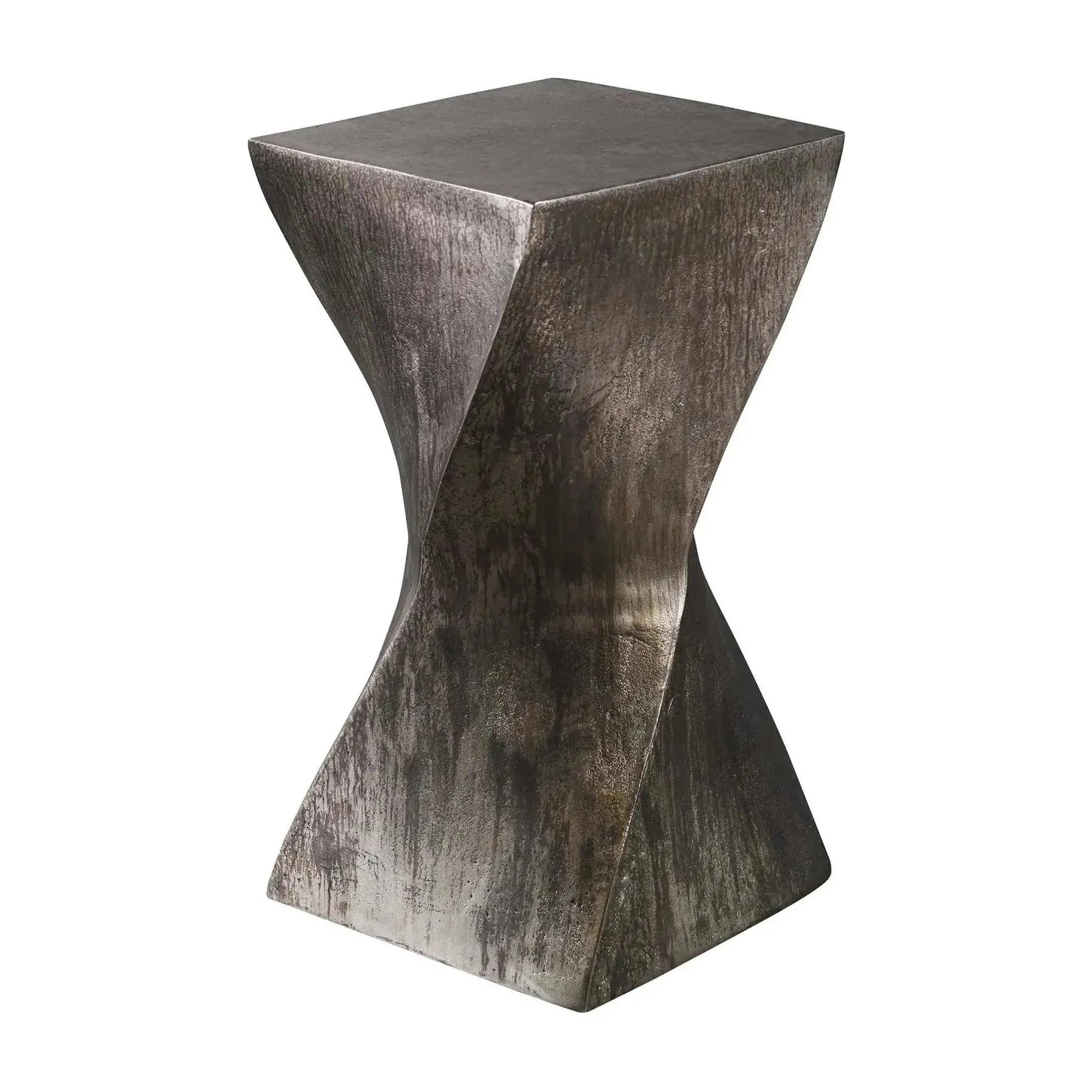 Introducing the Twisted Side Table – a hand-casted aluminum side table showcasing a unique, modern design with twisting, hourglass-shaped sides. It features a square top and base, along with a slightly rough surface texture finished in dark burnished tones for an industrial and contemporary aesthetic.