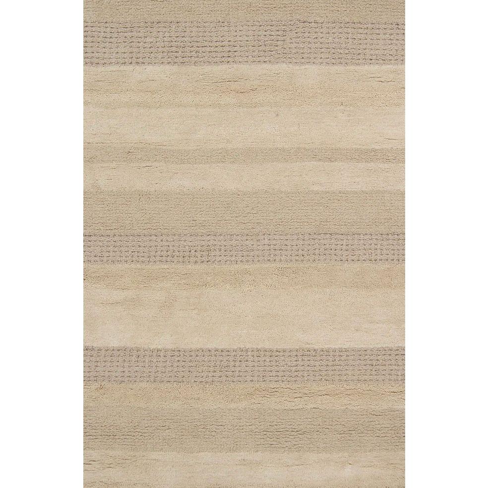 The Dejon Wool Rug features alternating horizontal stripes in beige and light brown with a subtle textured pattern, offering a soft, minimalistic, and modern look.