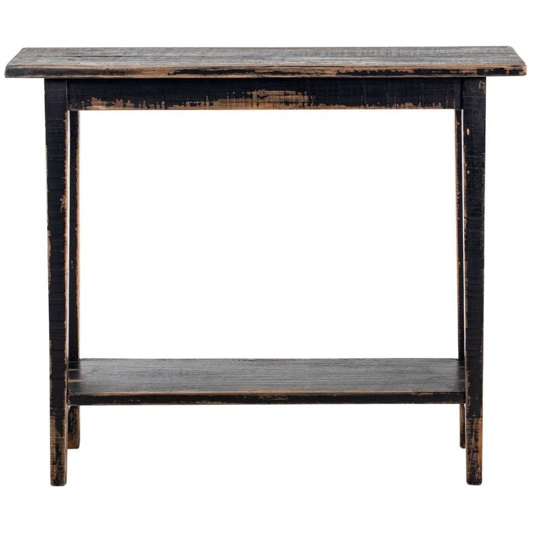 The Reba Console Table, available in 4 colors, features a rectangular design with a distressed finish and reclaimed pine construction. Its eco-friendly build, straight legs, and lower shelf add rustic farmhouse charm to any space.