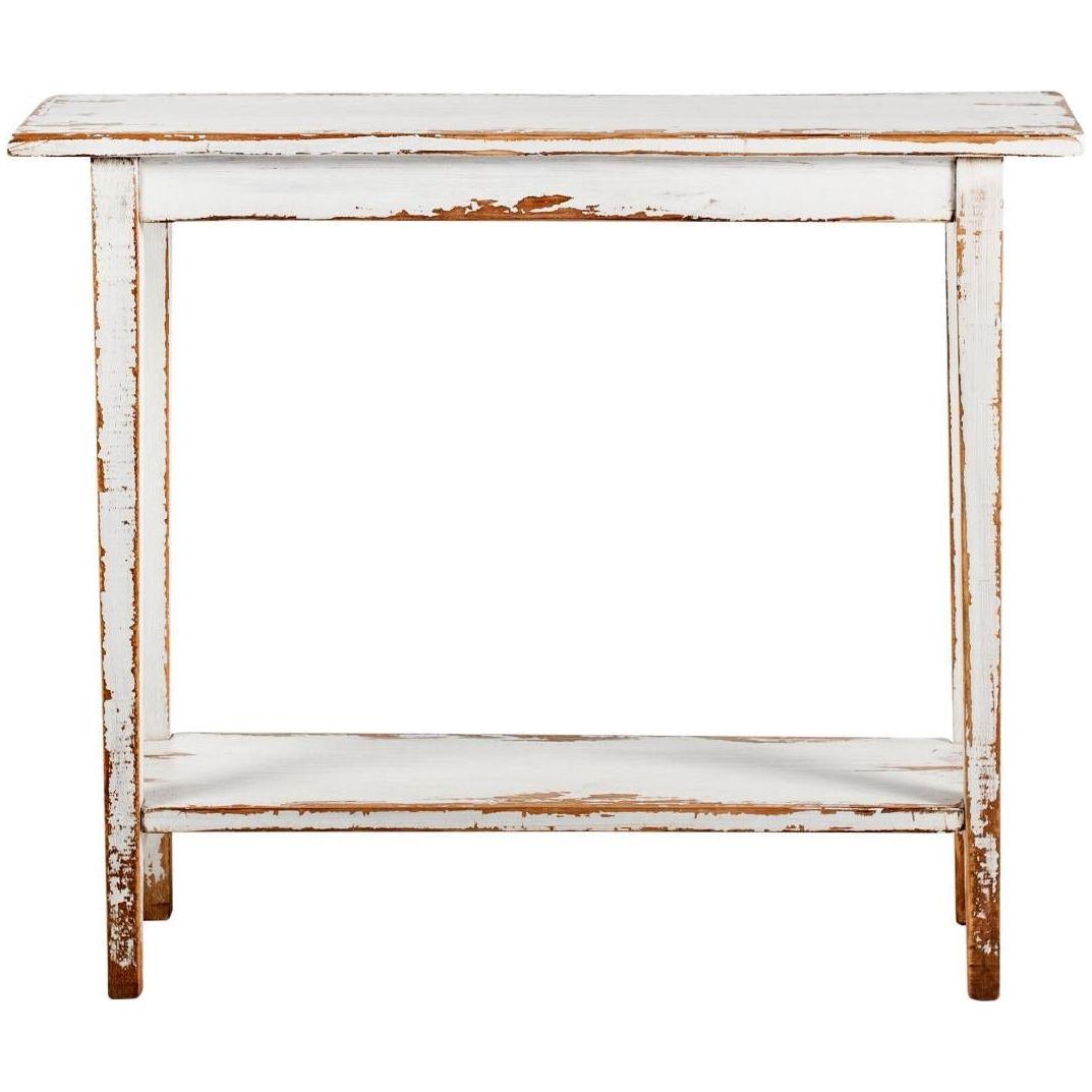 The Reba Console Table, available in 4 colors, features a narrow rectangular design crafted from reclaimed pine with a distressed white finish that reveals natural wood. Four straight legs and a lower shelf add rustic elegance and vintage charm to this eco-friendly piece.
