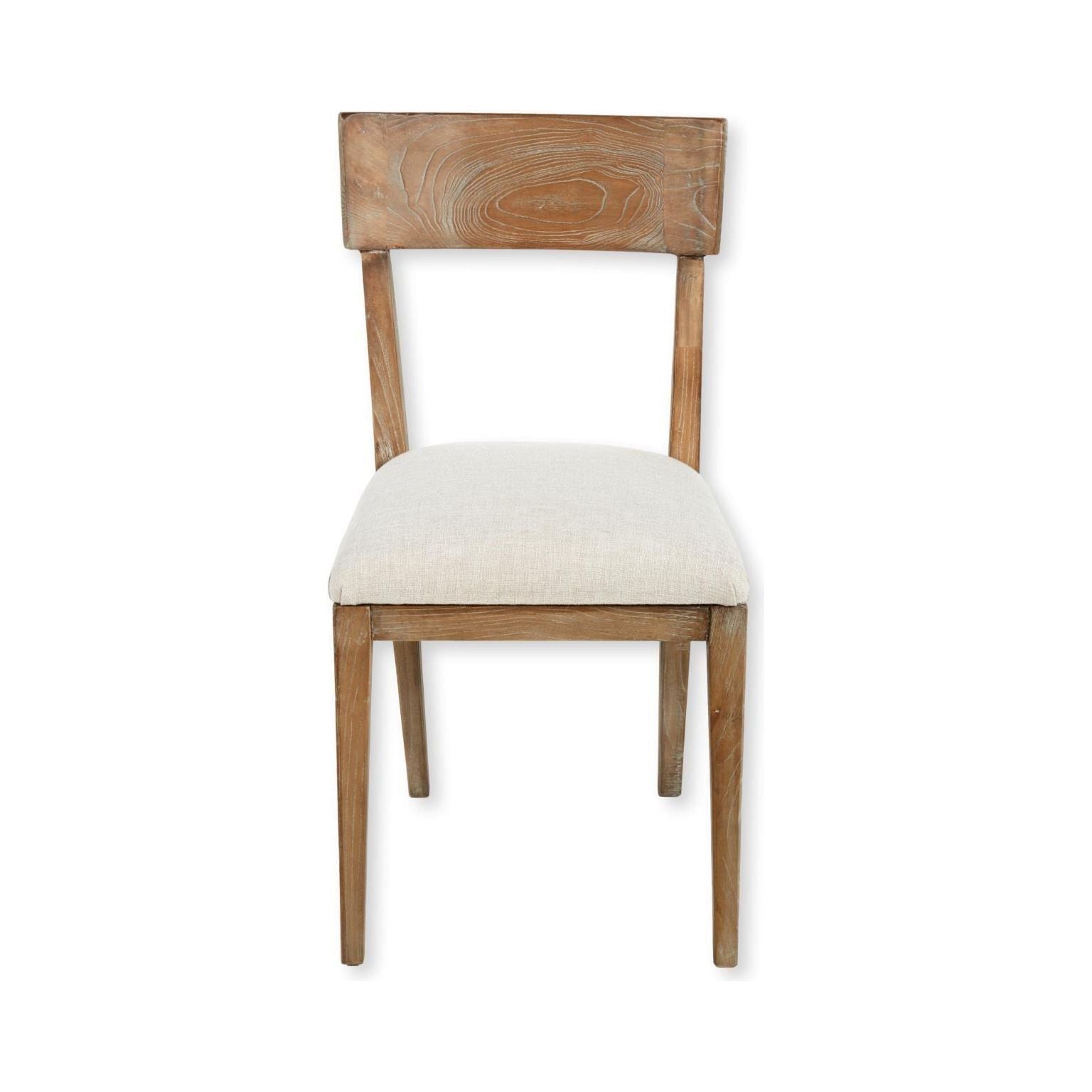 The Molly Dining Chair is made from solid elm with a light, textured finish that accentuates the wood grain. Its straight backrest and grey/sand cushioned seat provide a simple, elegant design, supported by four slender legs.