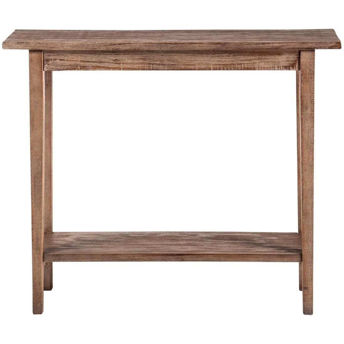 The Reba Console Table, available in 4 colors, features a minimal design with four straight legs, a lower shelf, and visible wood grain texture for rustic elegance. Crafted from reclaimed pine with a natural finish for added charm.