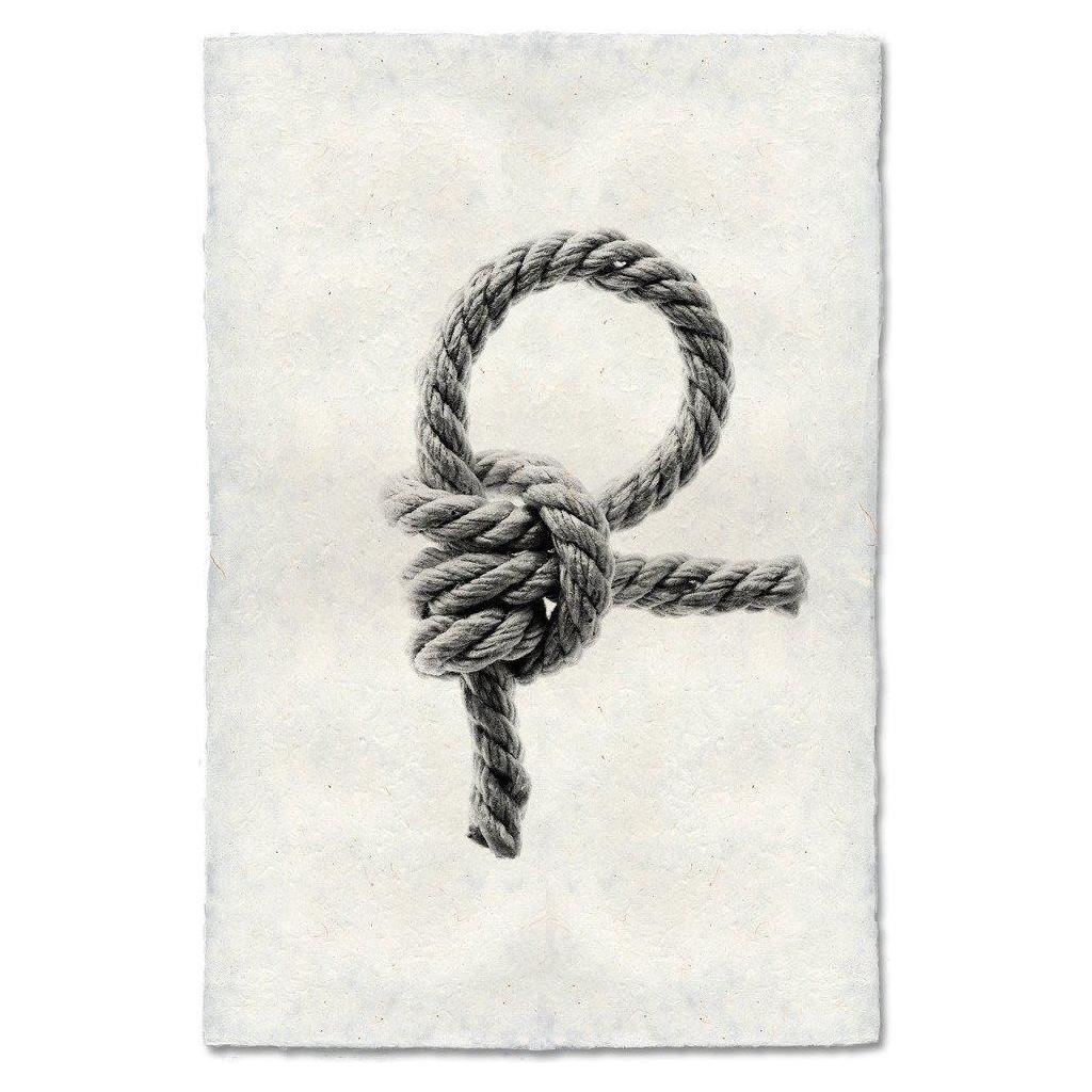 A pencil drawing of a Lighterman's Hitch Knot on rich, handmade paper. The knot is detailed and shaded, showcasing the twisting strands of the rope. It is tied tightly to form a secure loop with one end hanging loosely. The background features a plain, off-white textured surface from Nepal.