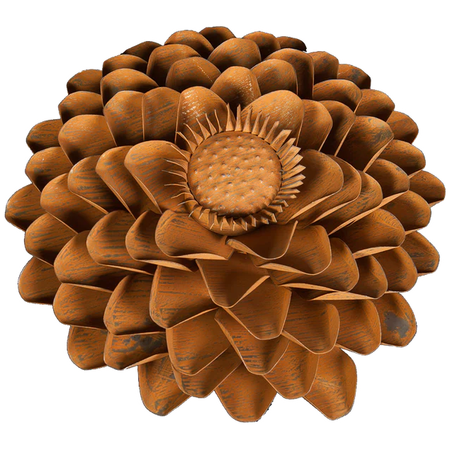 The Rust Aster Metal Flower features overlapping, rust-colored metal petals with a textured center. This three-dimensional, round decor piece is perfect for wall mounting indoors or as a striking outdoor decoration.