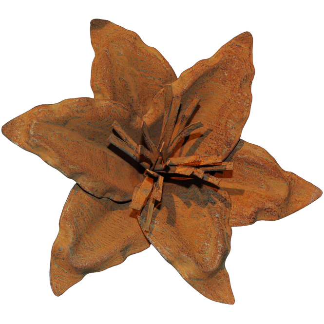 The Rust Lily Metal Flower features six textured, rust-colored petals and detailed stamens. Its weathered, oxidized metal finish adds natural industrial charm, making it ideal as an outdoor decoration against a plain white background.