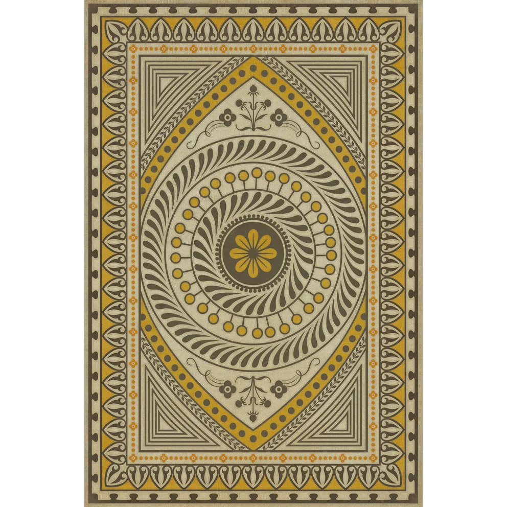 Introducing the Clovis Vinyl Rug: an intricately designed rectangular rug exhibiting a vintage aesthetic with its symmetrical patterns in shades of gray, yellow, and brown. The timeless design showcases a central floral motif encircled by swirling leaves, concentric rings of dots, and triangular geometric shapes along the border.