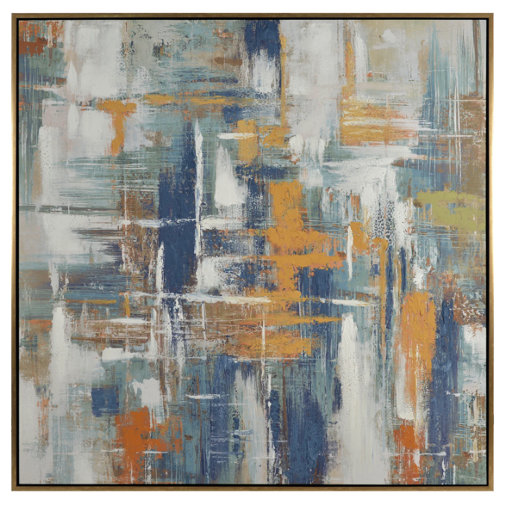 The Multicolored Abstract Canvas Wall Art showcases a blend of blue, orange, white, and gray. With layered brushstrokes and balanced lines, it creates dynamic movement and harmony. Perfect for contemporary spaces, it's framed in black for a sleek finish.