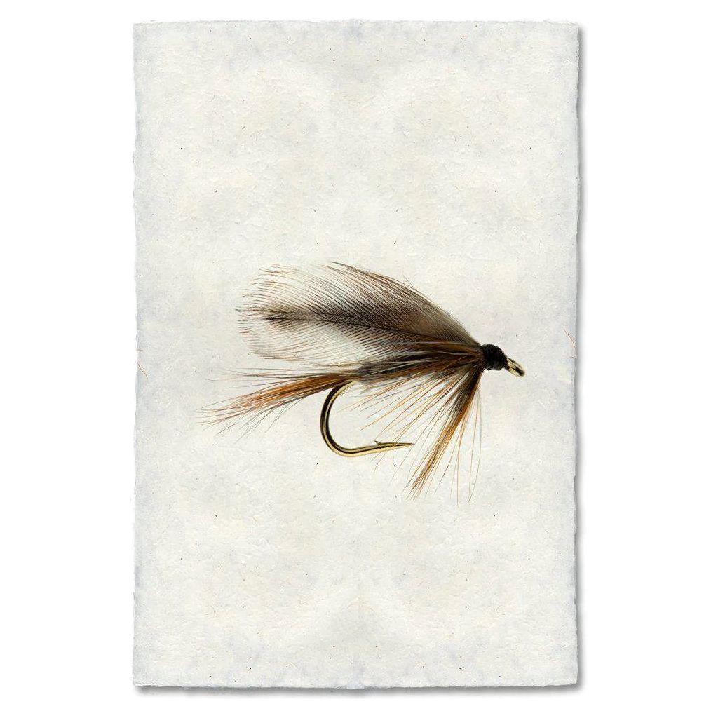 The "Adams" vintage fishing fly is showcased against textured, off-white handmade paper, highlighting its authentic charm. It features soft brown and cream feathers with delicate fibers, creating a natural and realistic appearance. The metallic hook is partially visible beneath the feathers.