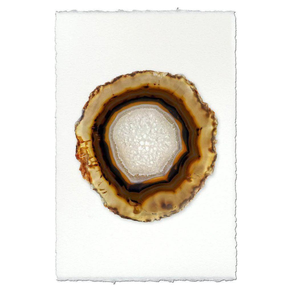 The Amber Agate (2) features a cross-section revealing concentric rings of brown, tan, and cream encircling a crystalline core. The uneven and organic edges provide a striking contrast to the smooth, translucent center. This distinctive image is placed against handmade Nepalese paper, offering a textured backdrop.