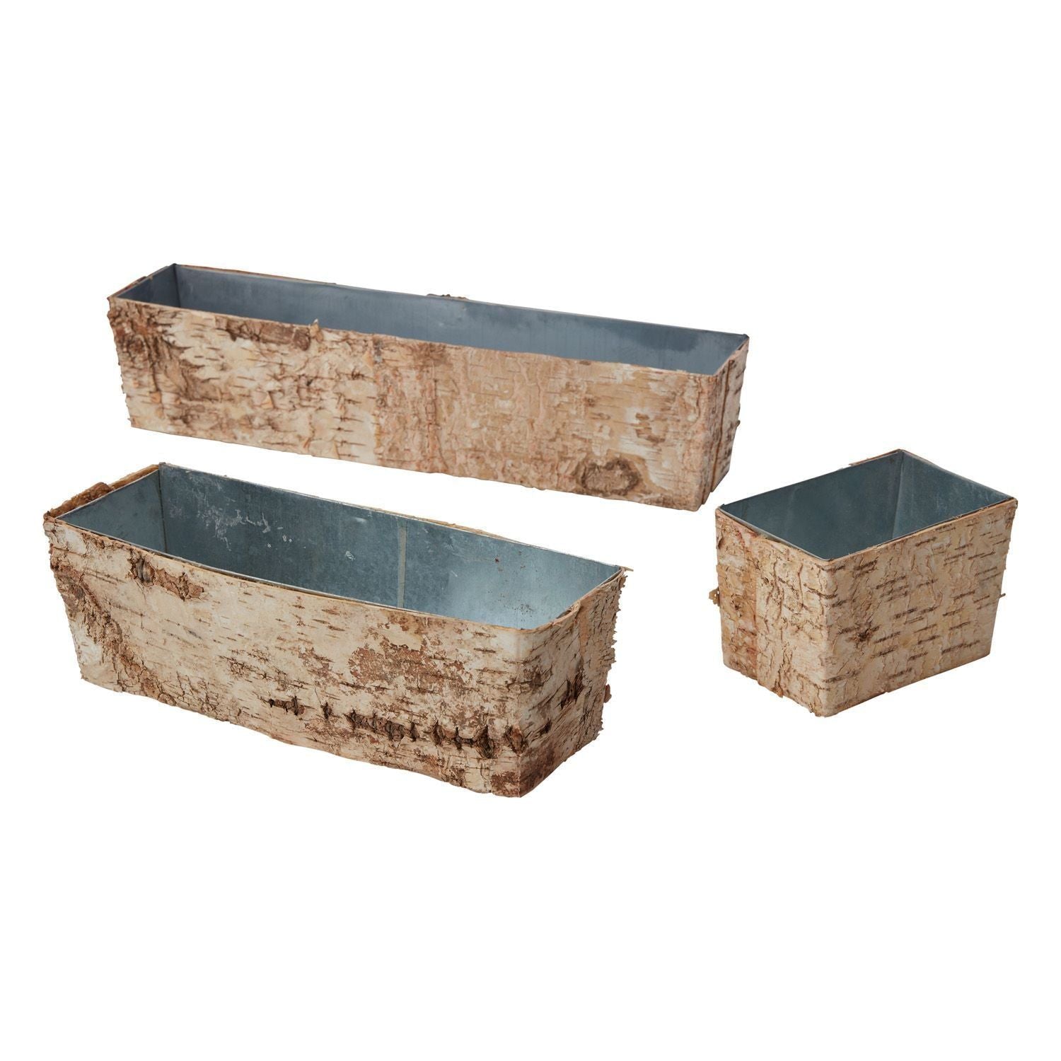 Three stylish Birch Planter w/Zinc pieces come in varying sizes, featuring metal interiors and exteriors that mimic birch bark. The largest planter has a long and narrow shape, the medium is shorter yet wider, and the smallest is nearly square. These contemporary planters are showcased against a plain white background.