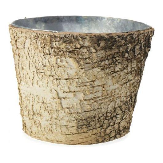 Introducing the Birch Pot w/Zinc: a cylindrical planter featuring a rough, bark-like textured exterior for a rustic look, paired with a sleek and polished silver metallic interior.