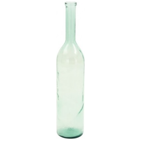 Glass Bottle Vase, standing 30 inches tall and 7 inches wide, exhibited against a plain white background. The vase is crafted from translucent light green glass, showcasing a tall, slender form with a narrow neck and gentle curvature at the base. Its simple, unembellished design accentuates its smooth surface and graceful shape.