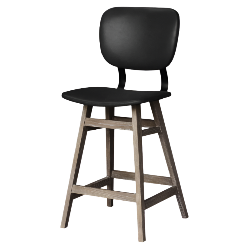The Fraser Counter Stool is a black cushioned counter stool designed with a curved backrest and seat. It showcases an Acacia wood frame featuring a light brown finish, complemented by four angled legs and two horizontal footrests. Its simple yet elegant design makes it ideal for kitchen or bar settings, set against a white background.