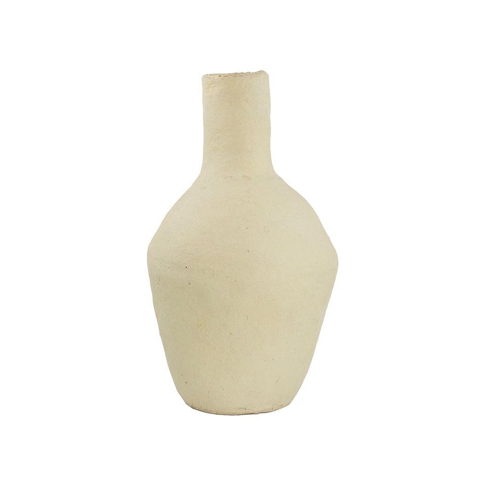 The Paper Mache Vase features a beige, hand-crafted design with a narrow neck, wide body, and rough matte finish. Subtle imperfections enhance its rustic charm, perfect for neutral decor. Shown centered on a plain white background.