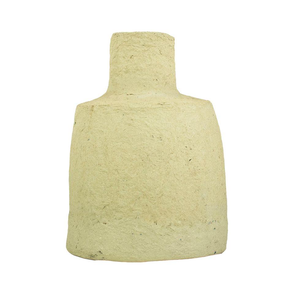 The Paper Mache Vase features a beige, roughly textured finish with a wide body and narrow neck. Hand-crafted for a rustic look, its slightly uneven surface is perfect for neutral home decor. Shown against a plain white background.
