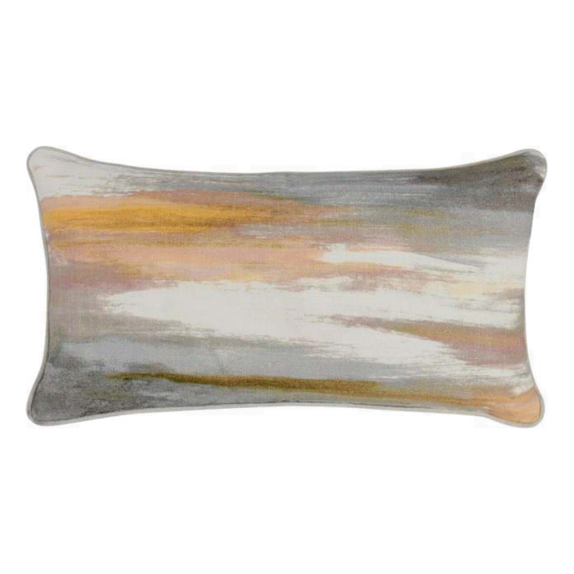 The Insight Multi is a rectangular decorative pillow showcasing a watercolor design in soft, blended hues of gray, white, pink, and yellow. Its 14 x 26 size and feather down insert enhance its luxurious feel. The slightly curved edges and smooth texture contribute to a serene, artistic ambiance.