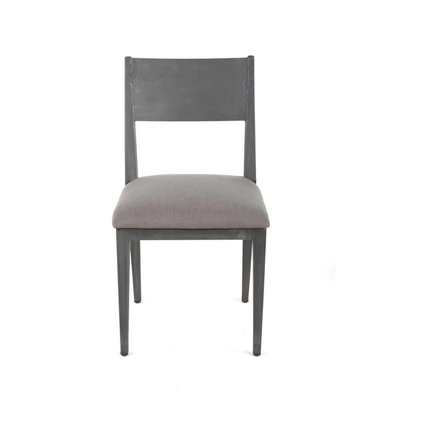 A modern, minimalist gray upholstered Aubrey Metal Dining Chair with a dark gray, high-backrest made of solid material and a light gray cushioned seat. The black iron Aubrey Metal Dining Chair features four straight legs, slightly tapered and also dark gray, all set against a plain white background.