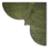 An image of a Corner Hanger with a dark greenish finish. This bracket, which can be mounted using Command Strips, features a decorative scalloped edge on one side and is designed to fit where two walls meet, providing support for a shelf. The visible wood grain adds a rustic appearance.